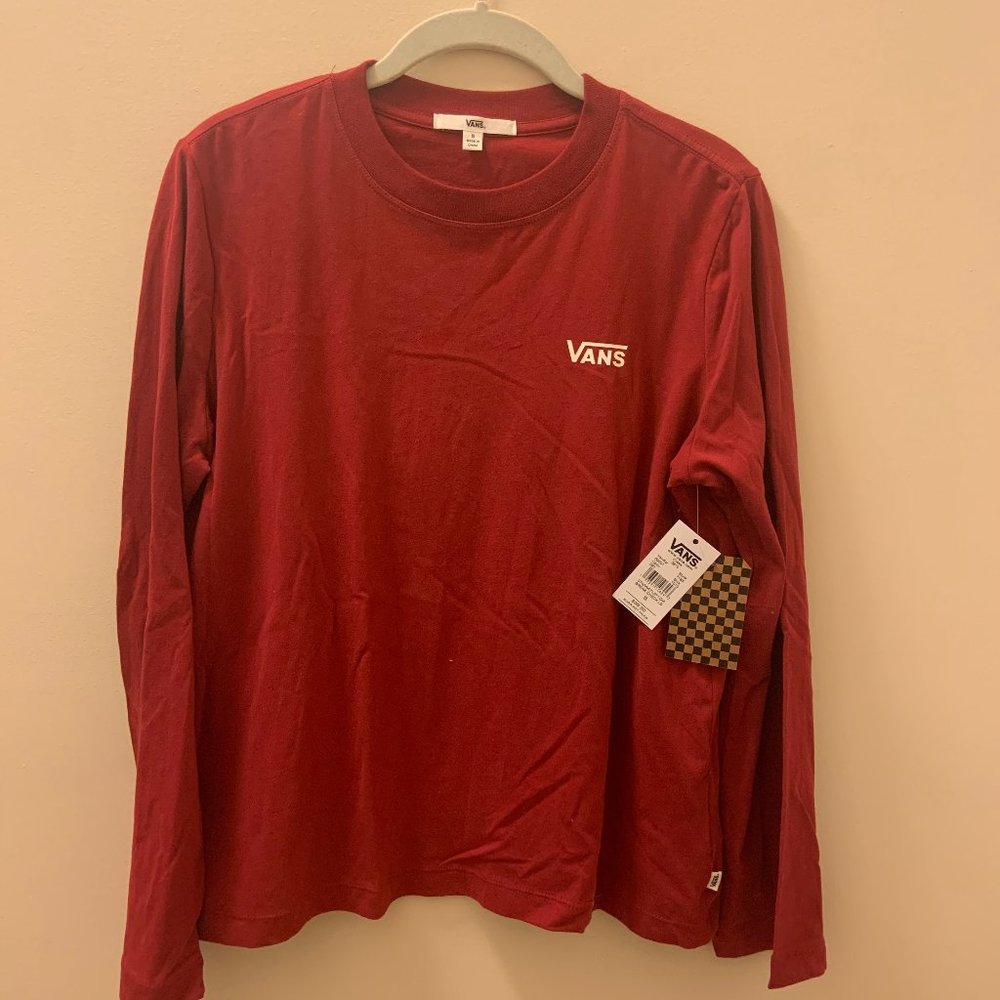 Long Sleeves Vans Tee Red with Checkered Sleeves